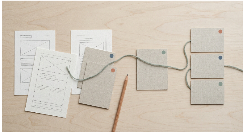 Conception outil thérapie — croquis d'interface et fiches reliées par un fil sur bois clair, illustrant le processus de co-construction de MémoThéra