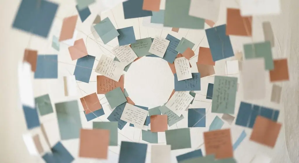 Notes et fiches cliniques en suspension illustrant la charge mentale ICV des thérapeutes