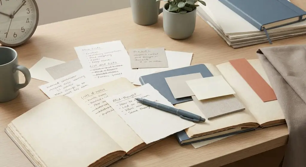 Désorganisation séance thérapie : bureau de thérapeute avec notes dispersées, carnet ouvert et horloge visible