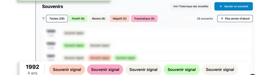 Outil LI-ICV MémoThéra : interface des souvenirs-signaux avec filtres de tonalité émotionnelle et repères chronologiques.