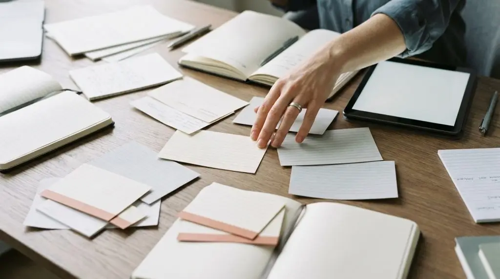 Illustration de couverture montrant un bureau avec des notes éparpillées et une horloge, puis un fil qui se reconnecte vers des notes organisées, pour représenter le coût de la désorganisation en séance.