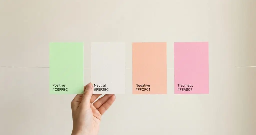 Code couleur de la tonalité émotionnelle des souvenirs signaux en ICV/LI : cartes alignées du positif au traumatique, pour illustrer la charge émotionnelle et la continuité thérapeutique.